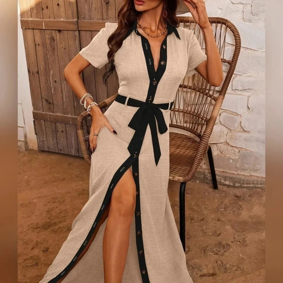 Collar Colorblock Short Sleeve Dress